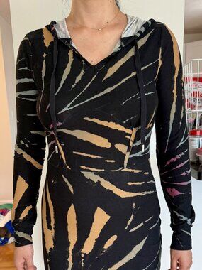 Black Gold Abstract Print hooded Bodycon Dress Long Sleeve